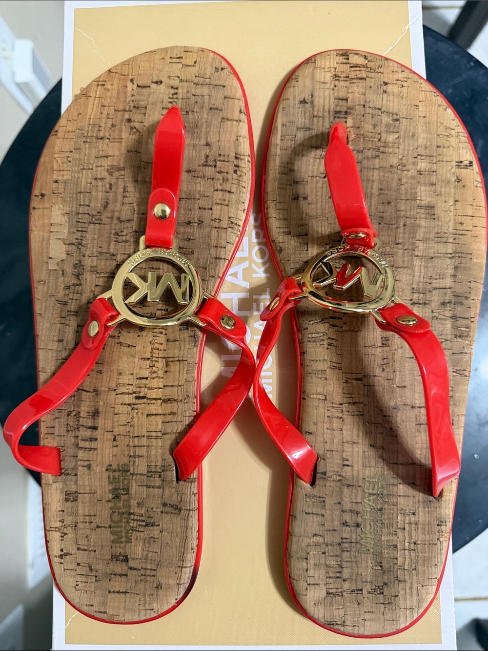 Michael Kors Red Patent Thong Sandals with Gold MK Medallions
